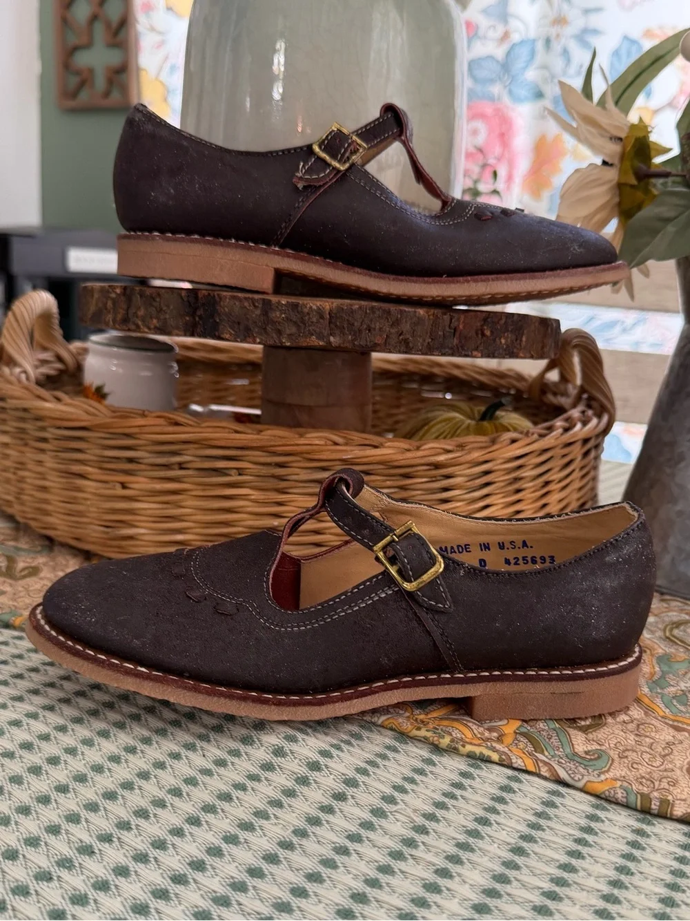 Vintage Handmade Dark Brown Suede Mary Jane Leather Shoes with Buckle Sz 3